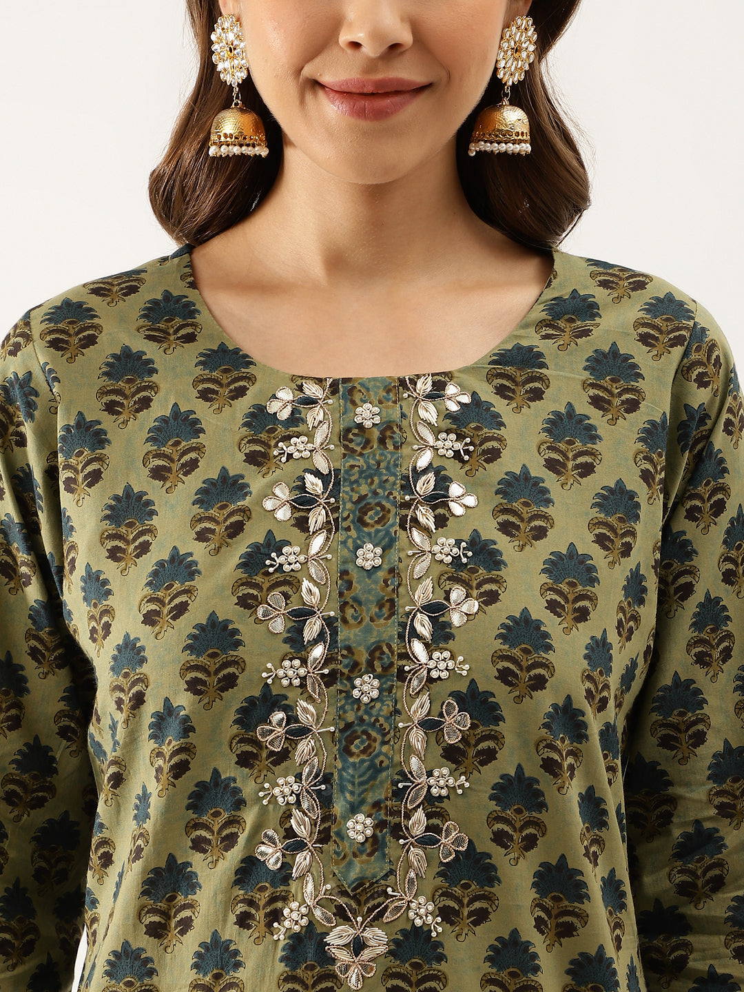 Green Floral Print Cotton Embroidered Kurta set with Dupatta