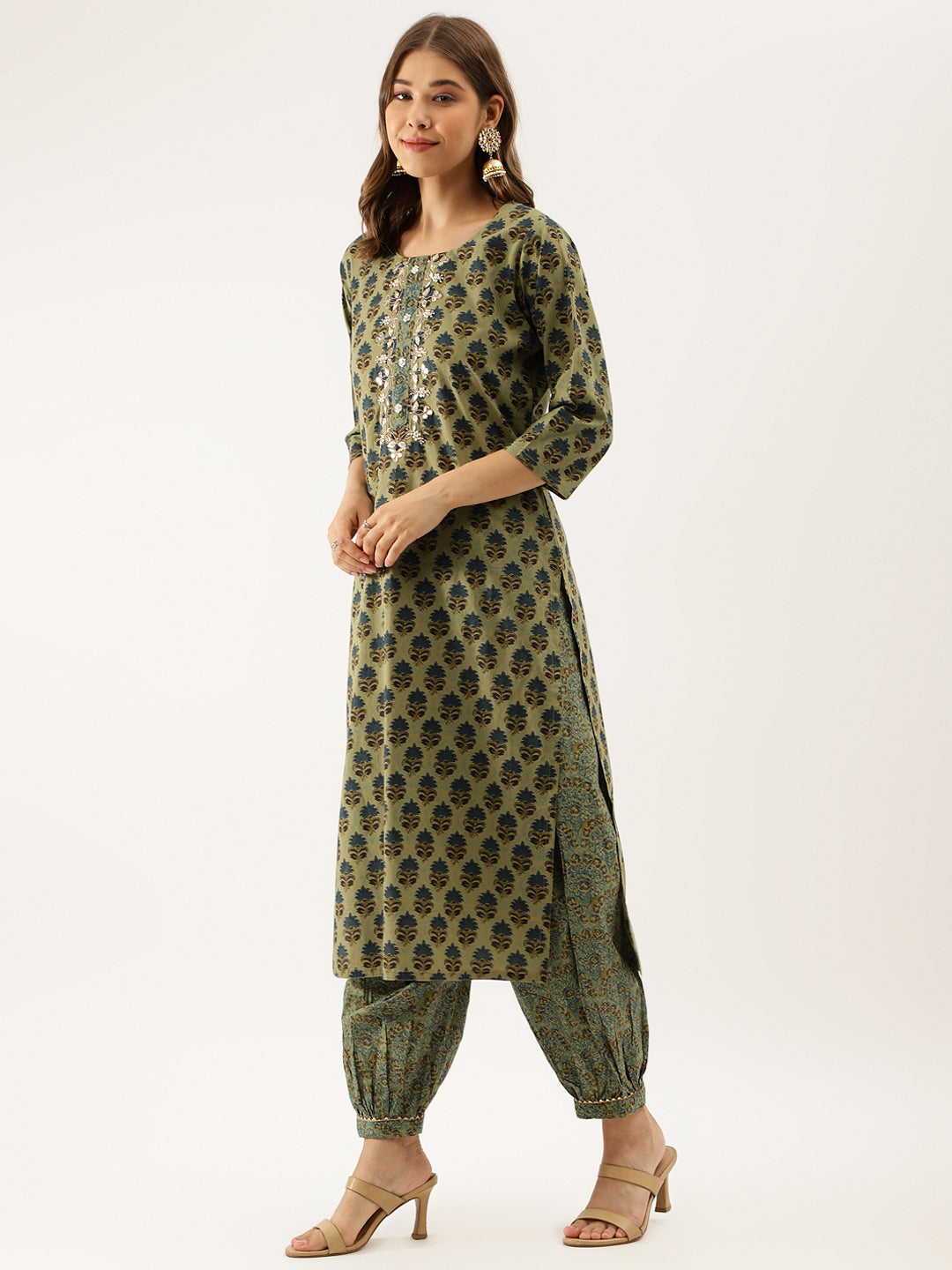 Green Floral Print Cotton Embroidered Kurta set with Dupatta