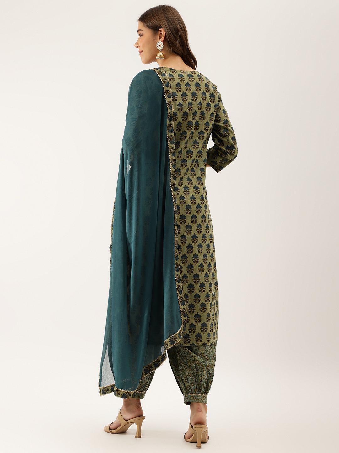 Green Floral Print Cotton Embroidered Kurta set with Dupatta