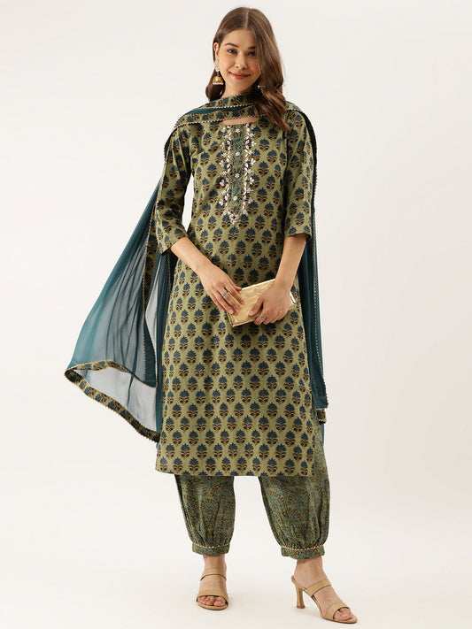 Green Floral Print Cotton Embroidered Kurta set with Dupatta