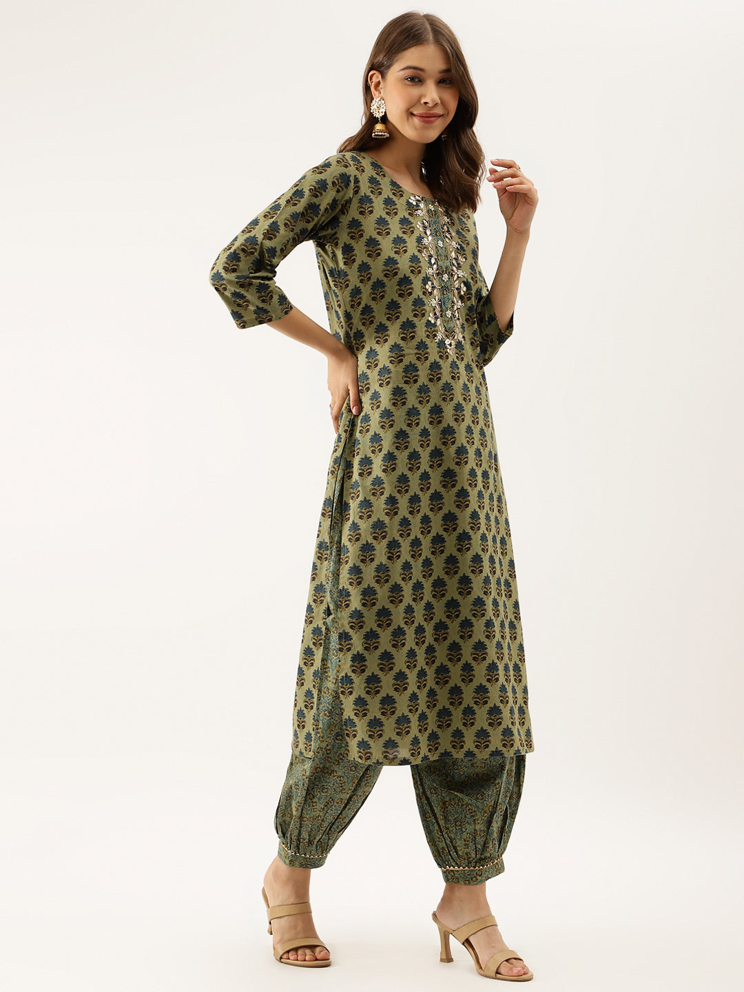 Green Floral Print Cotton Embroidered Kurta set with Dupatta