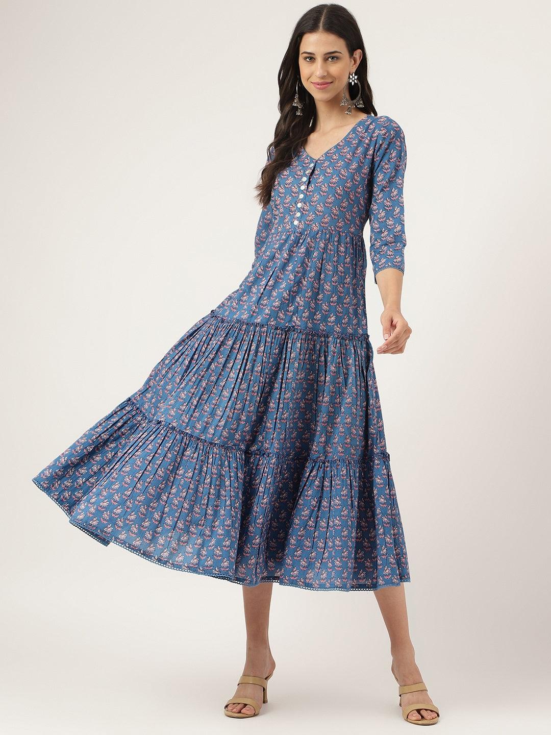 Divena Blue Floral Printed Long dress - divena world-Mohi