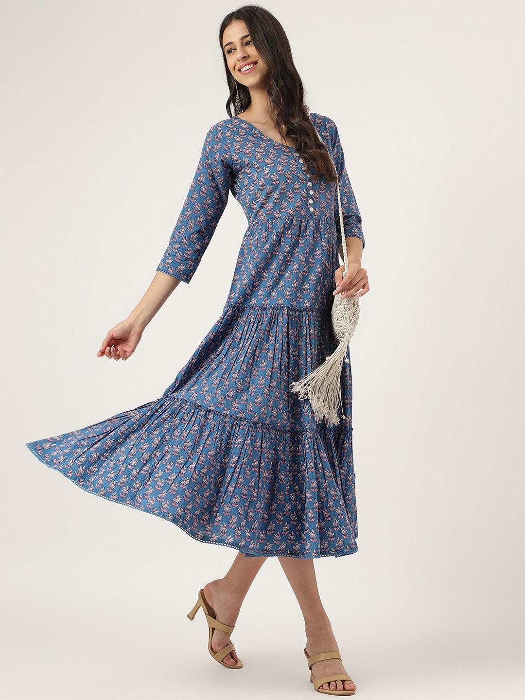 Divena Blue Floral Printed Long dress - divena world-Mohi