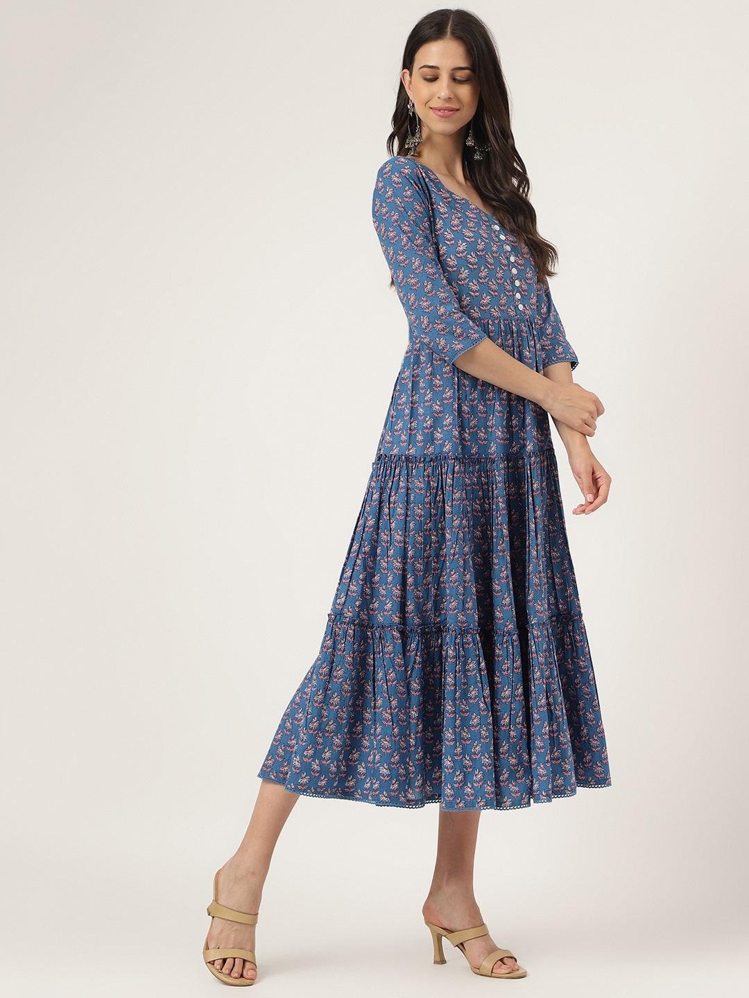 Divena Blue Floral Printed Long dress - divena world-Mohi