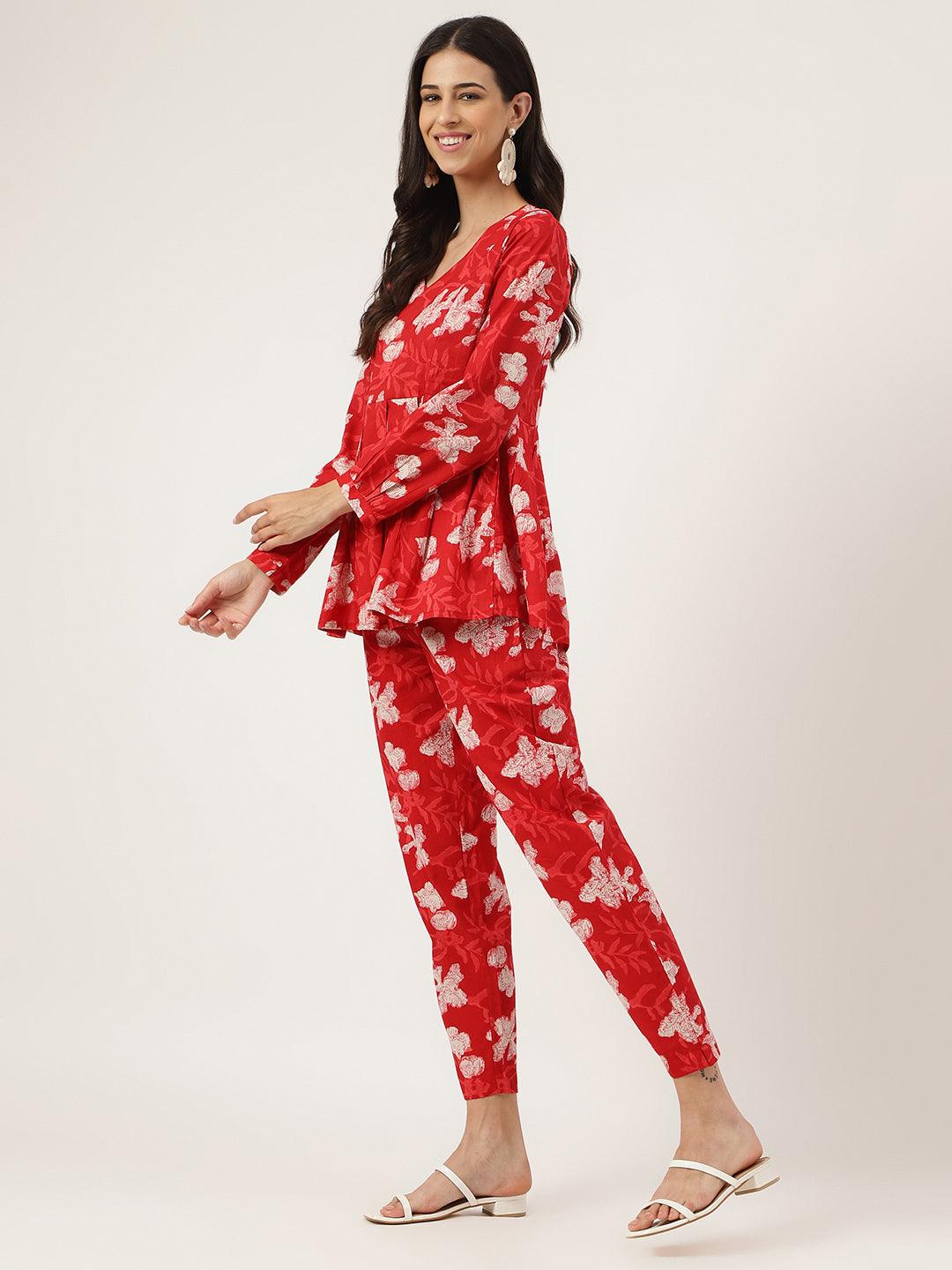 Divena Red Cotton Peplum Top Pant Co-ords Sets - divena world-Mohi