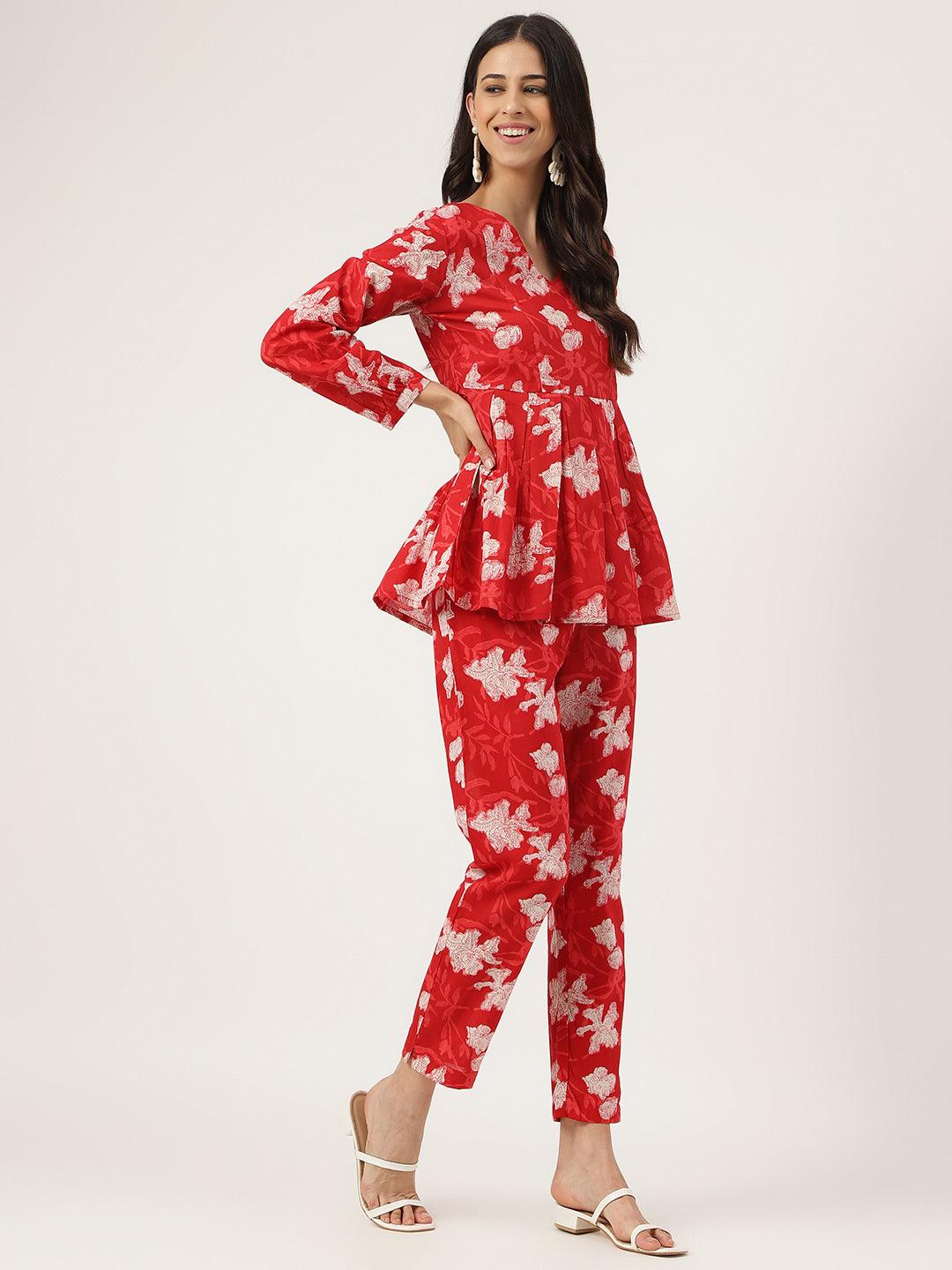 Divena Red Cotton Peplum Top Pant Co-ords Sets - divena world-Mohi