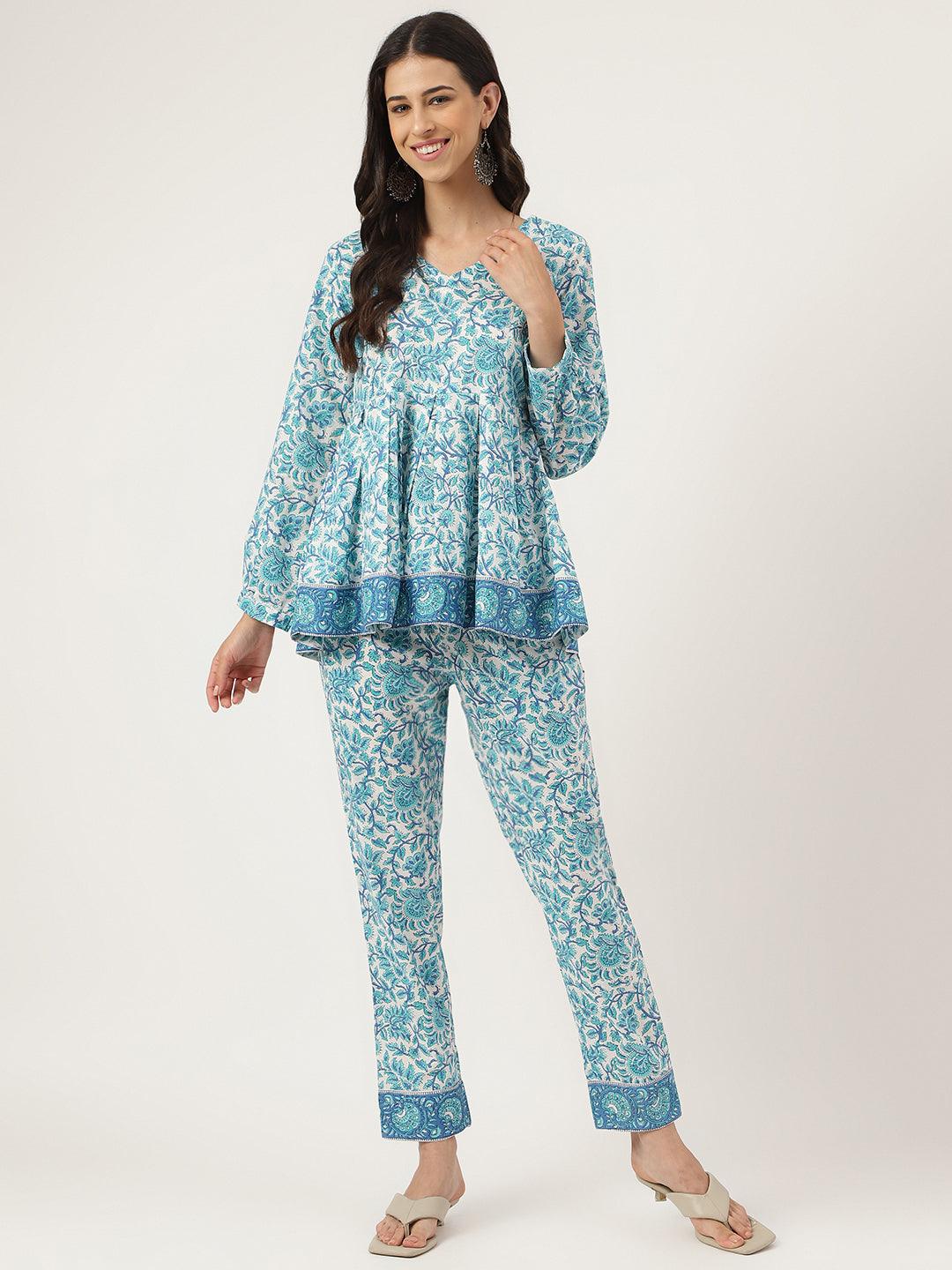 Divena White Floral Printed Cotton Peplum Top Pant Co-ords Sets - divena world-Mohi