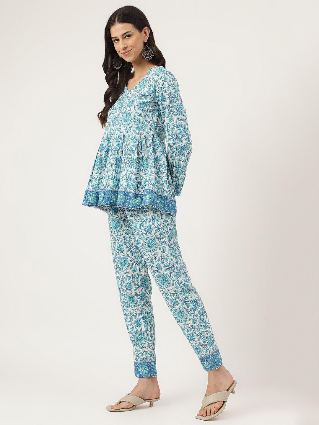 Divena White Floral Printed Cotton Peplum Top Pant Co-ords Sets - divena world-Mohi