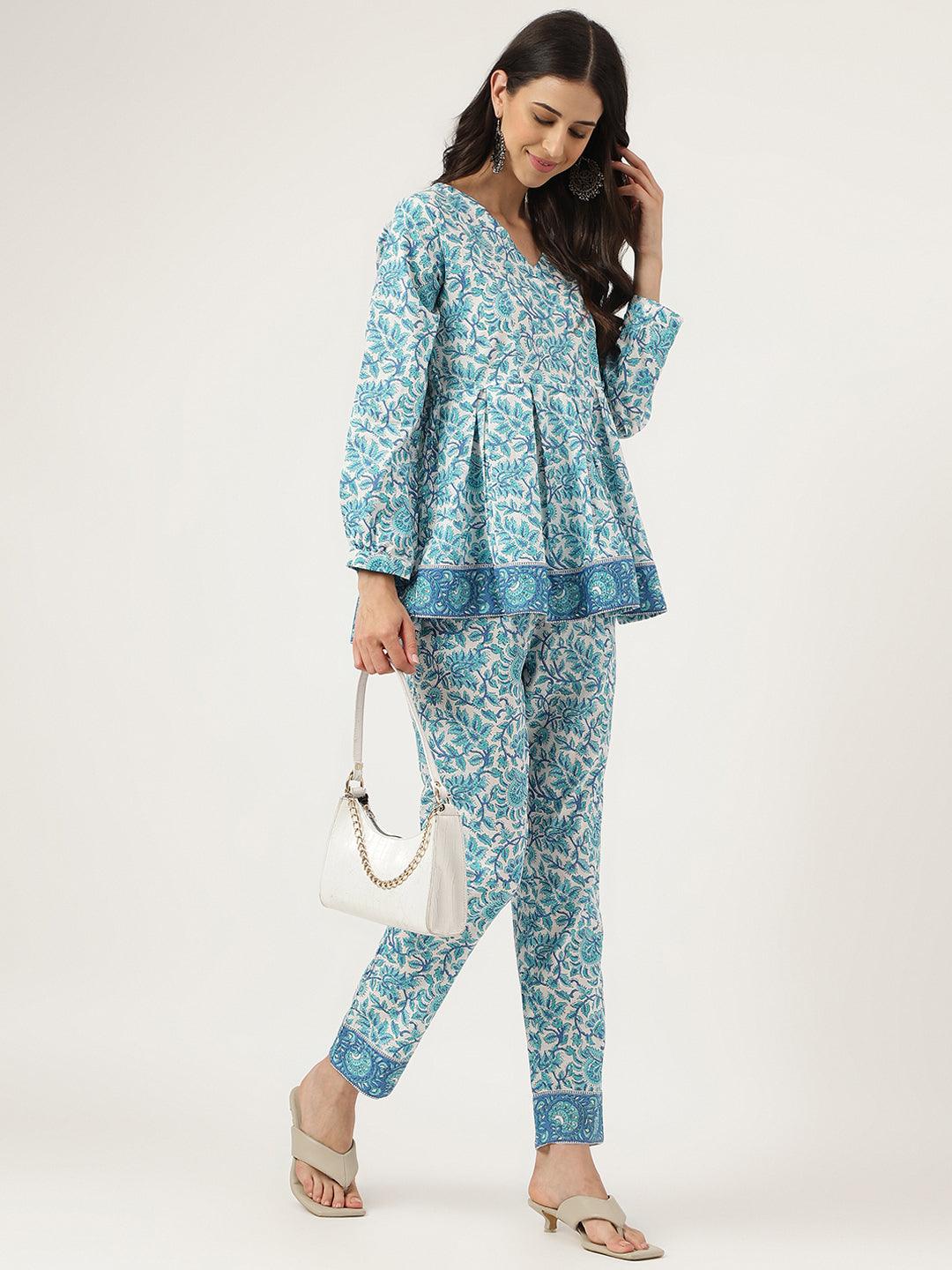 Divena White Floral Printed Cotton Peplum Top Pant Co-ords Sets - divena world-Mohi