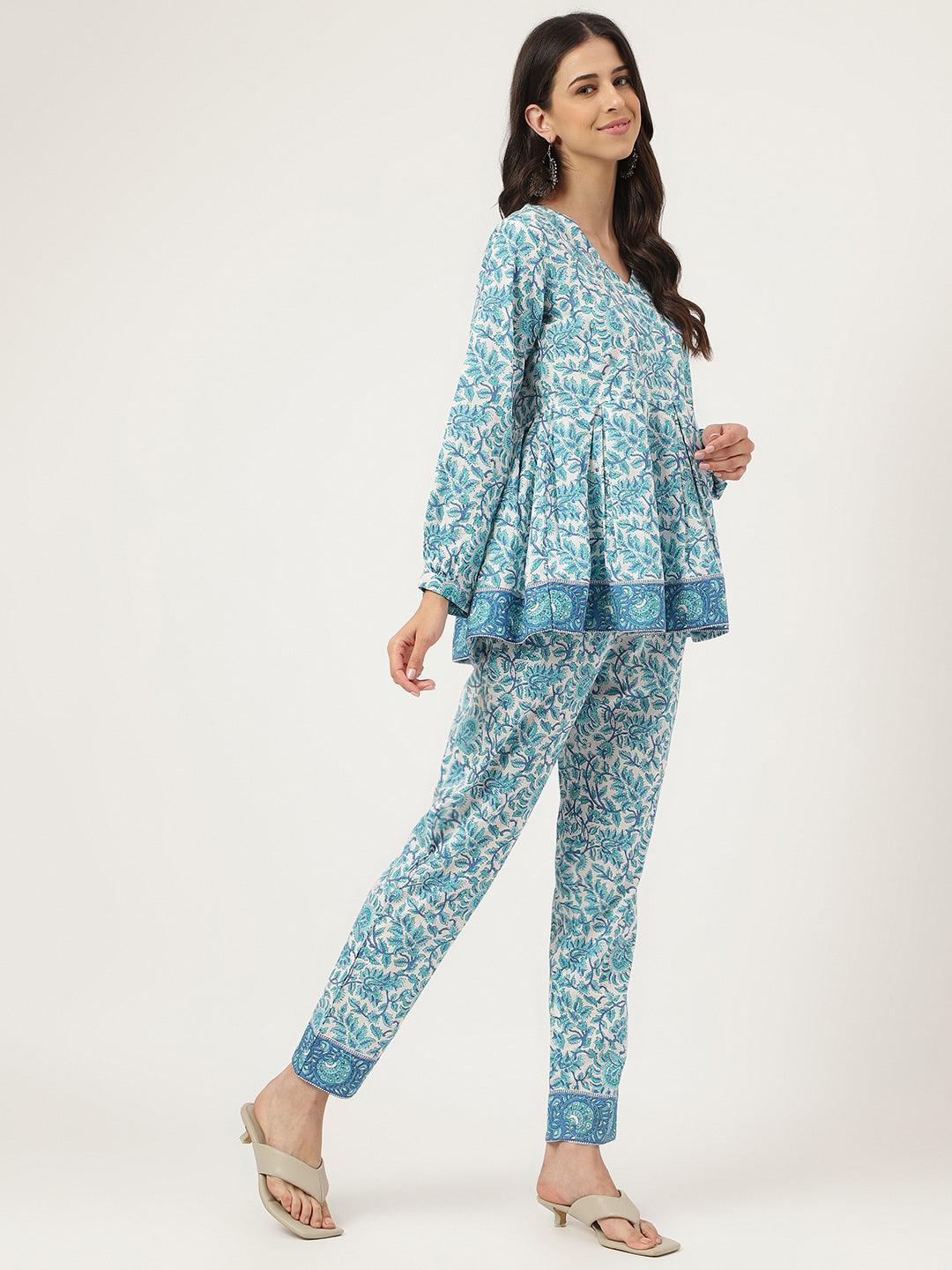 Divena White Floral Printed Cotton Peplum Top Pant Co-ords Sets - divena world-Mohi