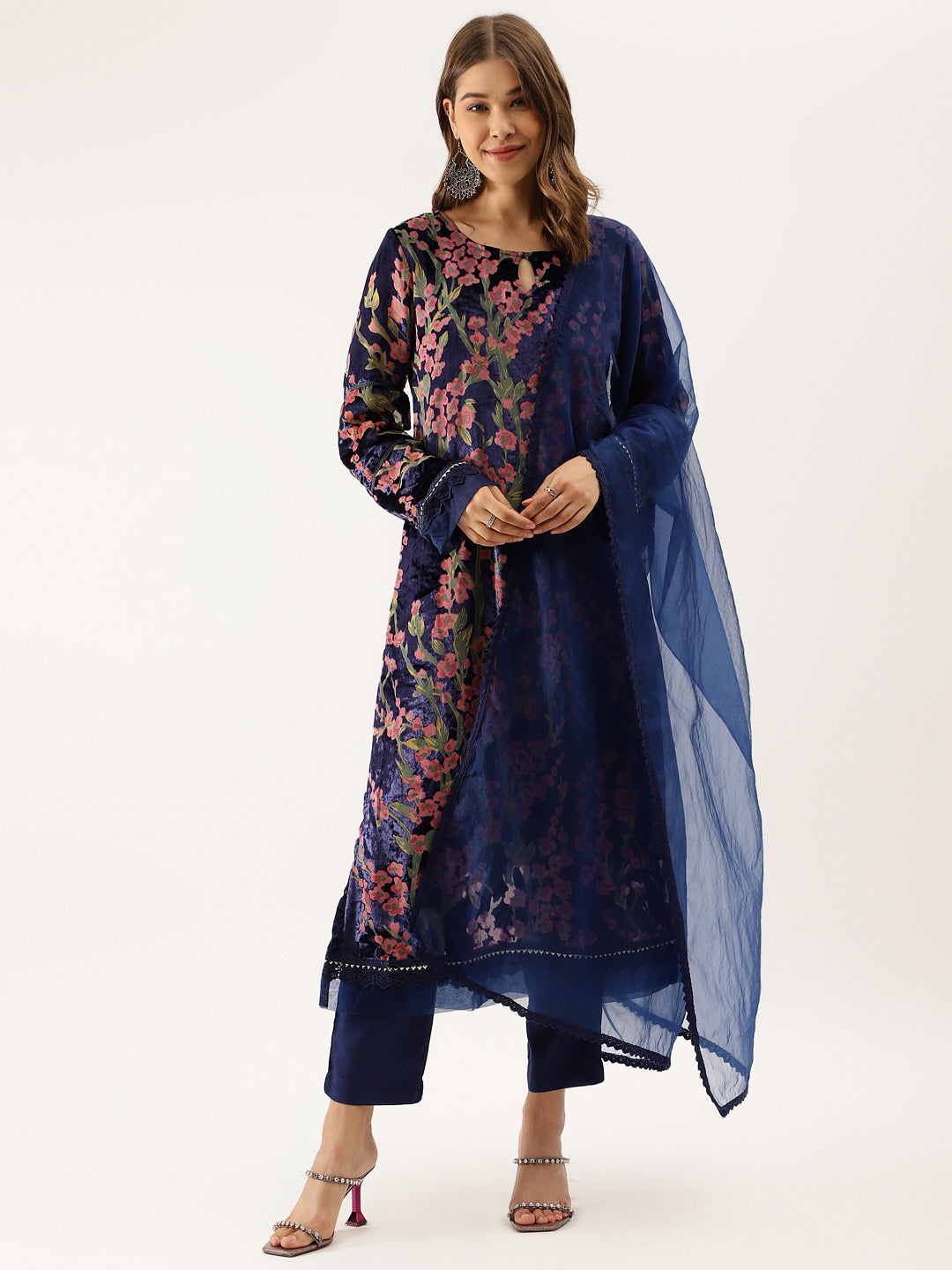 Blue Floral Burnout Velvet Kurta Set with Organza Dupatta