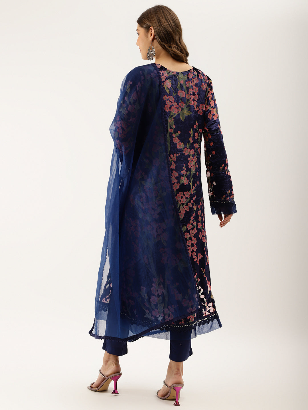 Blue Floral Burnout Velvet Kurta Set with Organza Dupatta