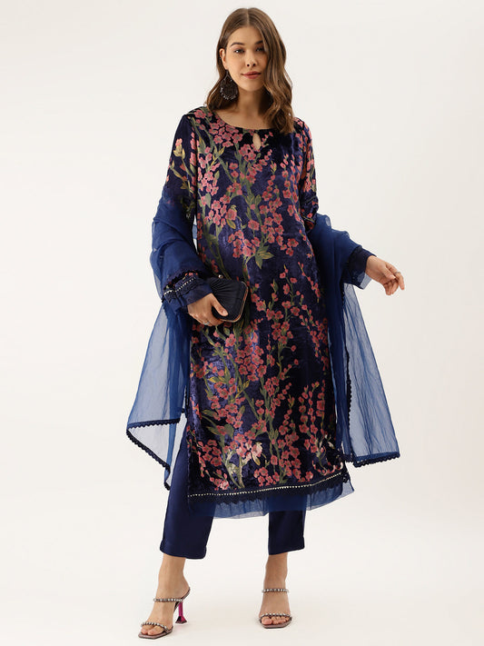 Blue Floral Burnout Velvet Kurta Set with Organza Dupatta