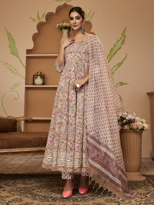 Handblock Floral Printed Beige Anarkali Cotton Kurta With Trousers & Dupatta