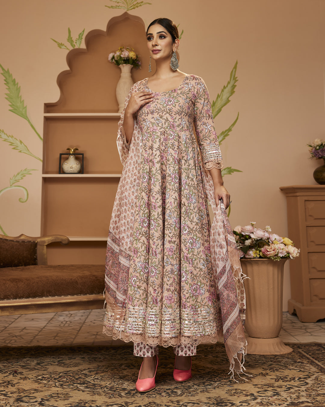 Handblock Floral Printed Beige Anarkali Cotton Kurta With Trousers & Dupatta