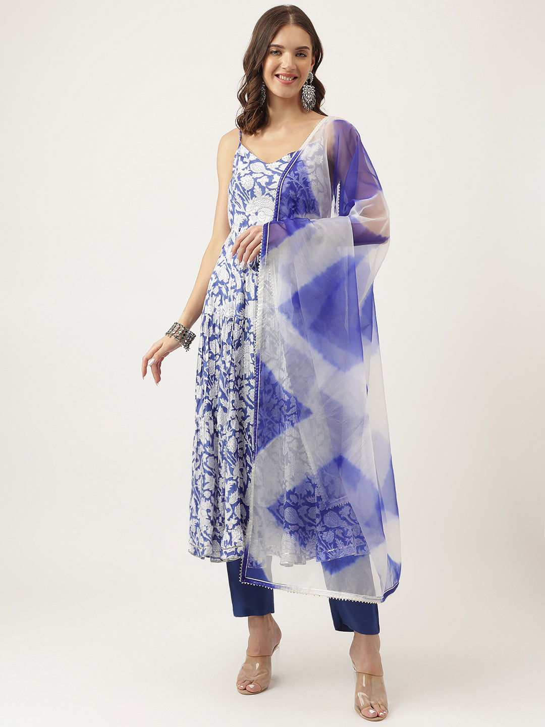 Blue Muslin Floral Printed Kurta, Trouser with Dupatta Set