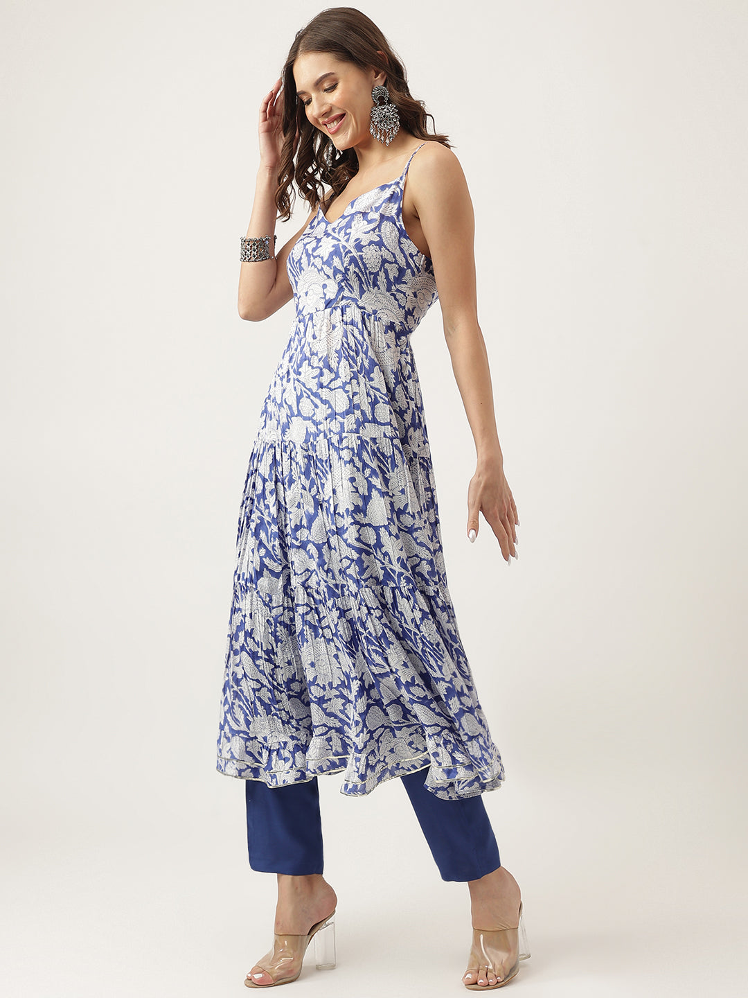 Blue Muslin Floral Printed Kurta, Trouser with Dupatta Set