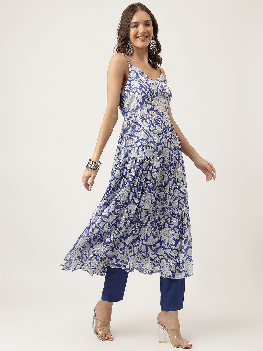 Blue Muslin Floral Printed Kurta, Trouser with Dupatta Set