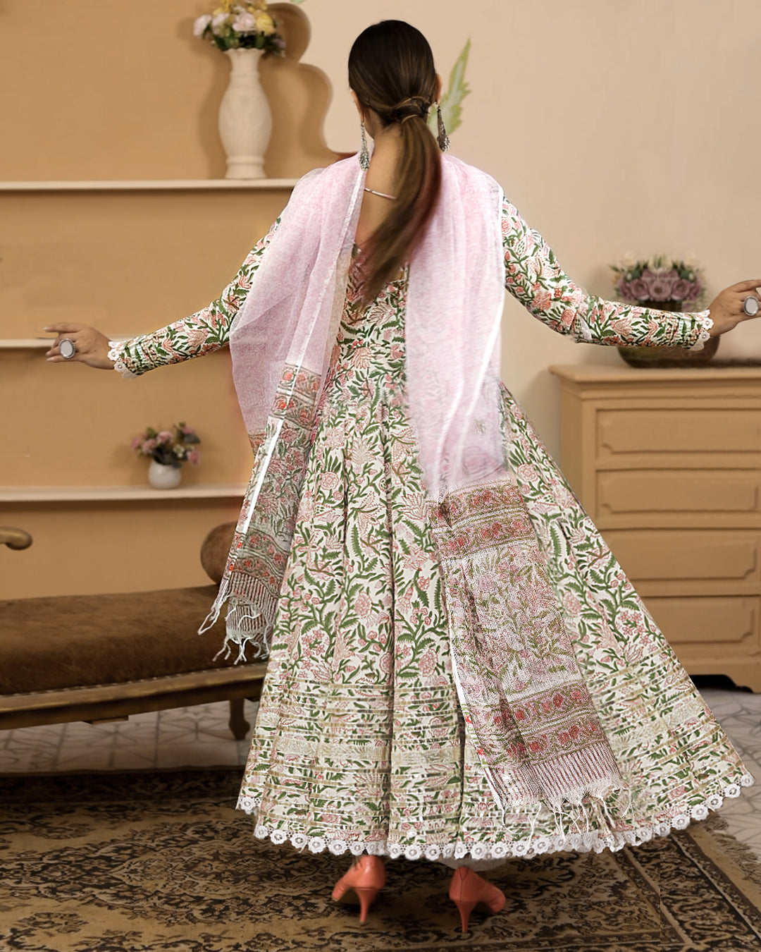 Handblock Printed Green Anarkali Cotton Kurta With Trousers & Dupatta