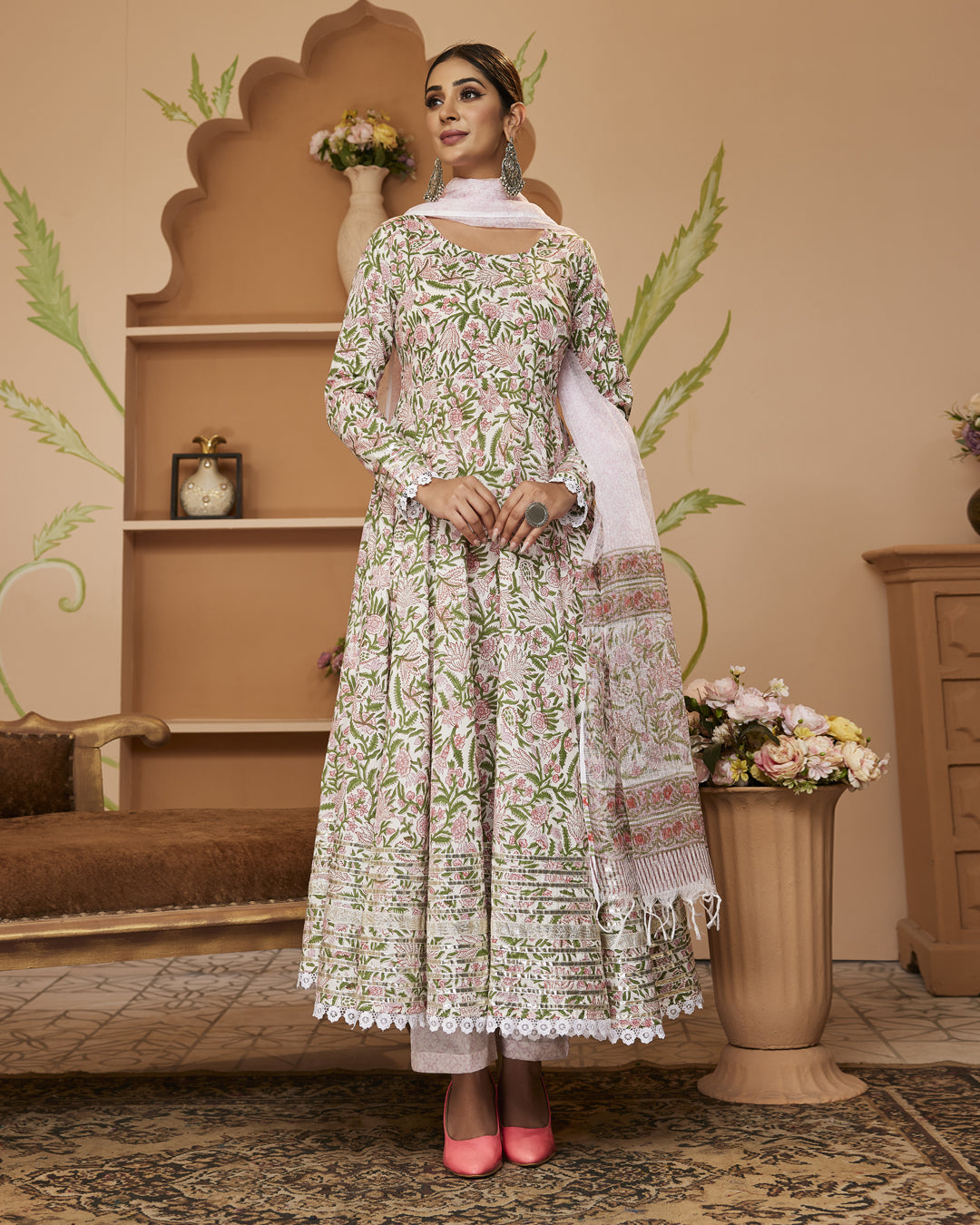 Handblock Printed Green Anarkali Cotton Kurta With Trousers & Dupatta