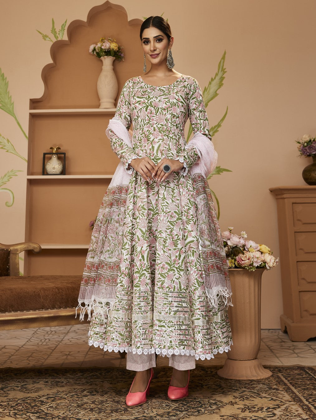 Handblock Printed Green Anarkali Cotton Kurta With Trousers & Dupatta