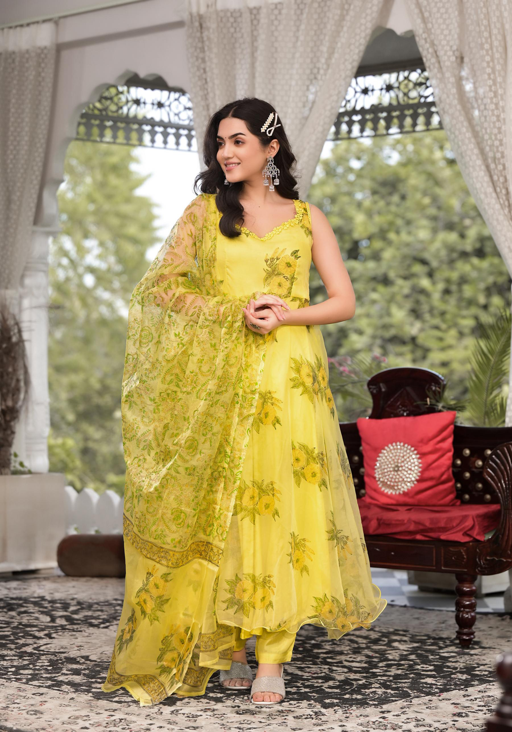 Light Yellow Hand Painted Floral Organza Anarkali Kurta Pant Set with Dupatta