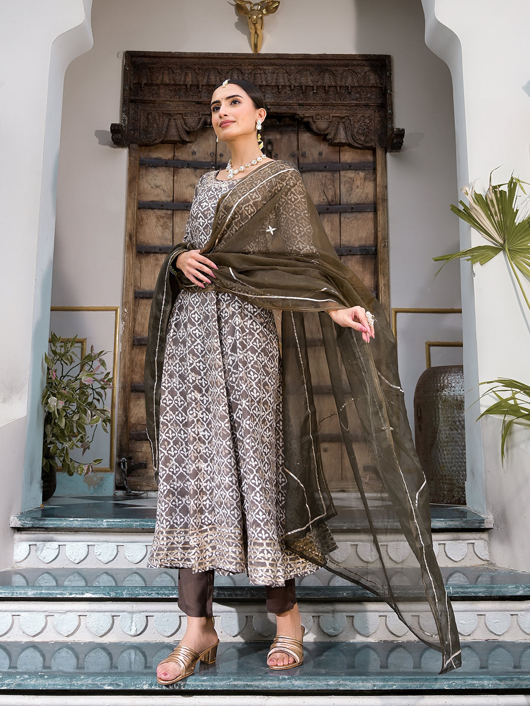 Brown Asymetric Print Muslin Anarkali kurta pant with Dupatta Set