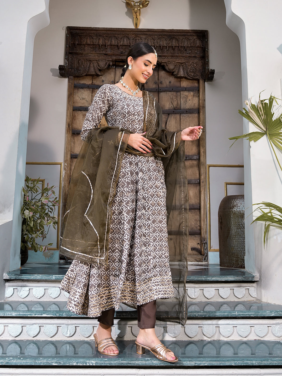 Brown Asymetric Print Muslin Anarkali kurta pant with Dupatta Set