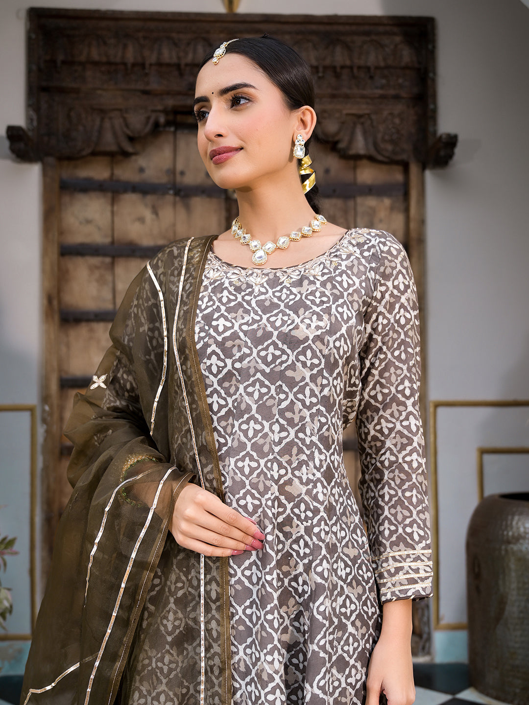 Brown Asymetric Print Muslin Anarkali kurta pant with Dupatta Set