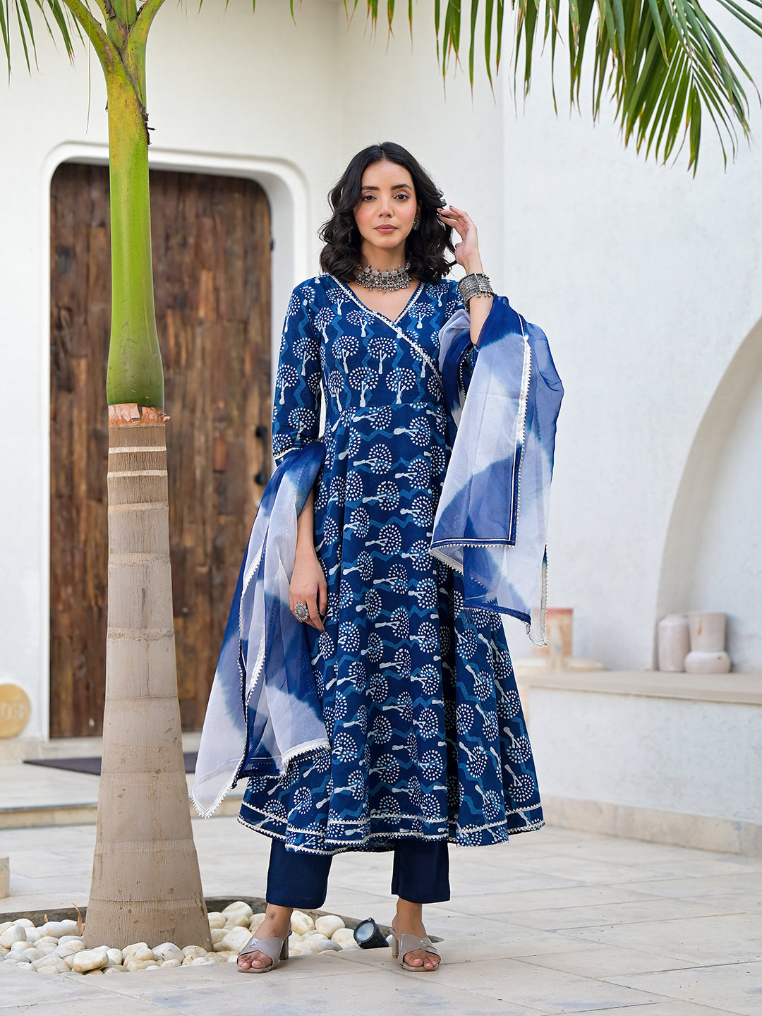 Indigo Blue HandBlock Print Cotton Anarkali Kurta Set with Organza Dupatta