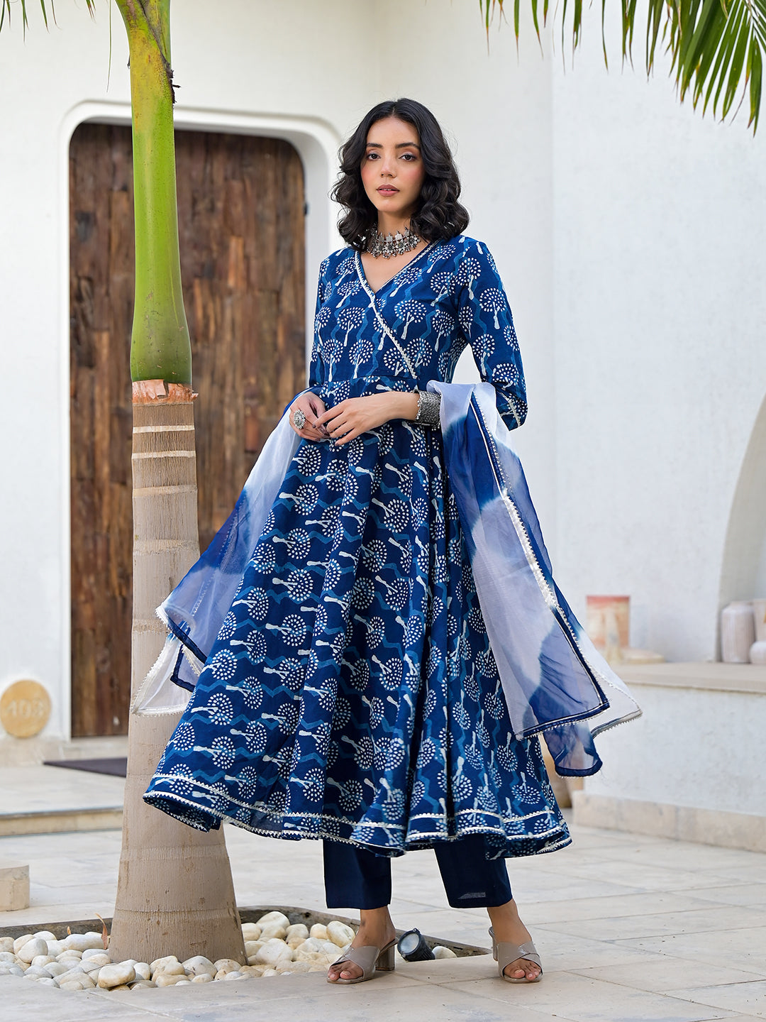 Indigo Blue HandBlock Print Cotton Anarkali Kurta Set with Organza Dupatta