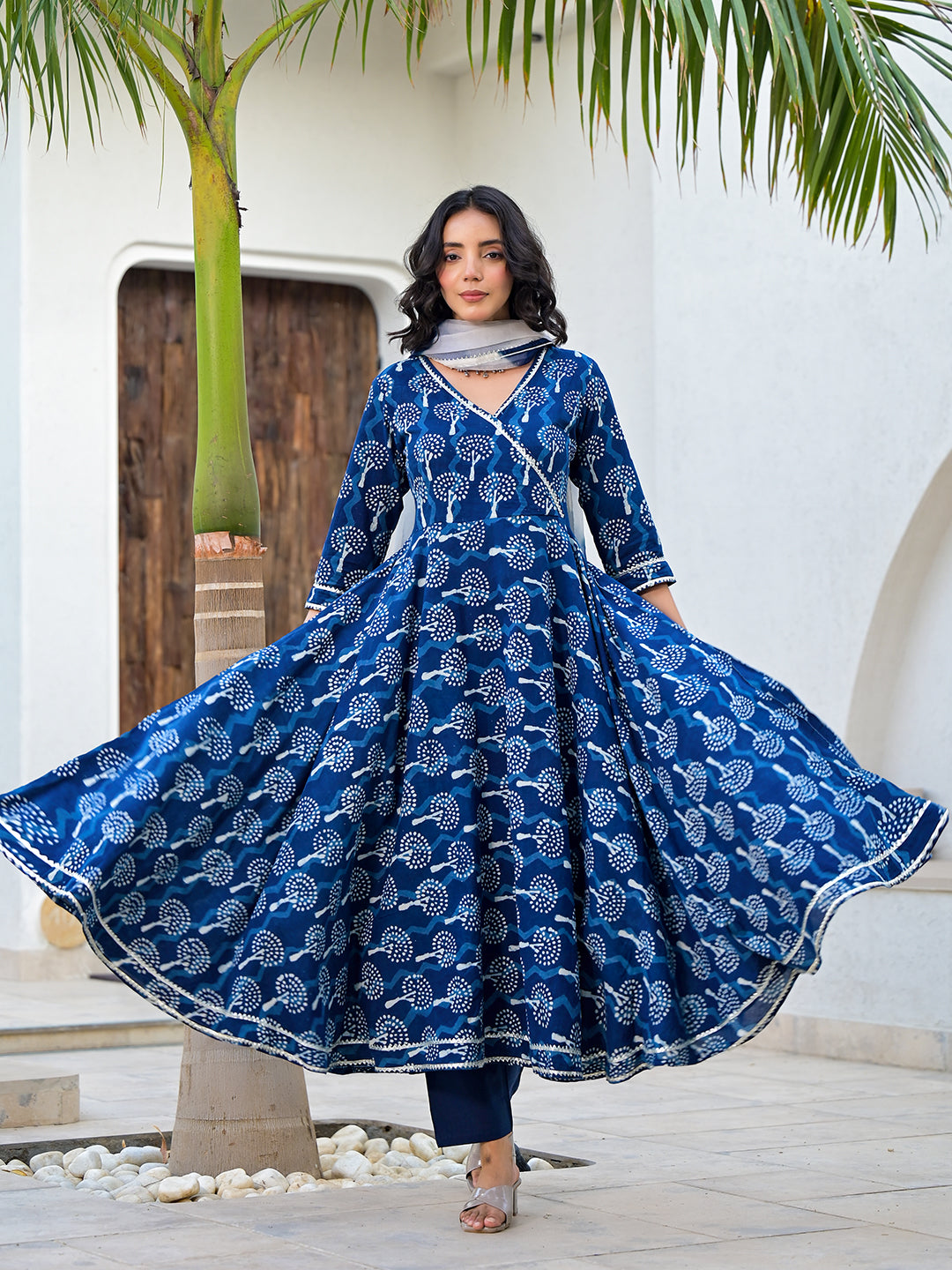 Indigo Blue HandBlock Print Cotton Anarkali Kurta Set with Organza Dupatta