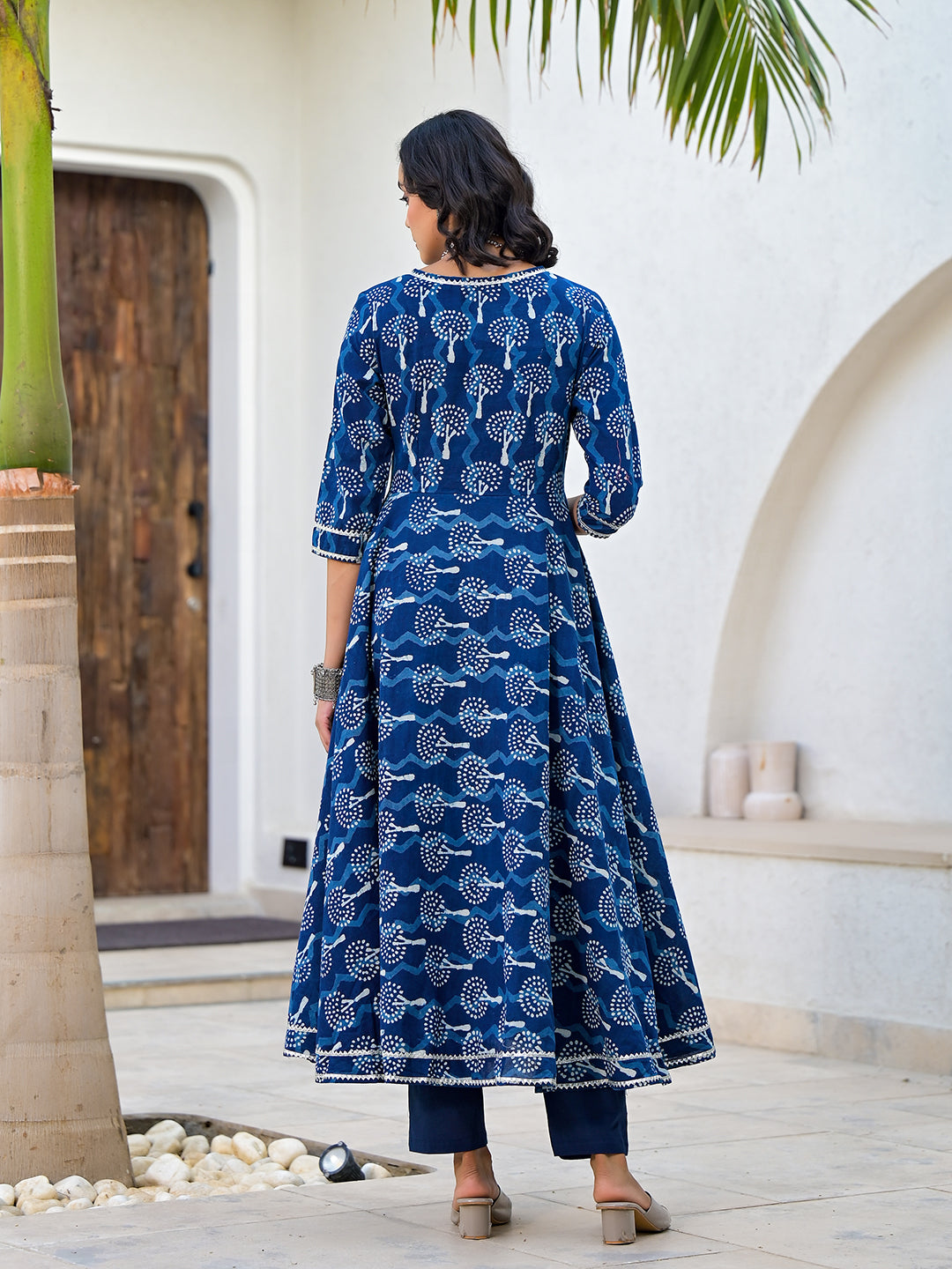 Indigo Blue HandBlock Print Cotton Anarkali Kurta Set with Organza Dupatta