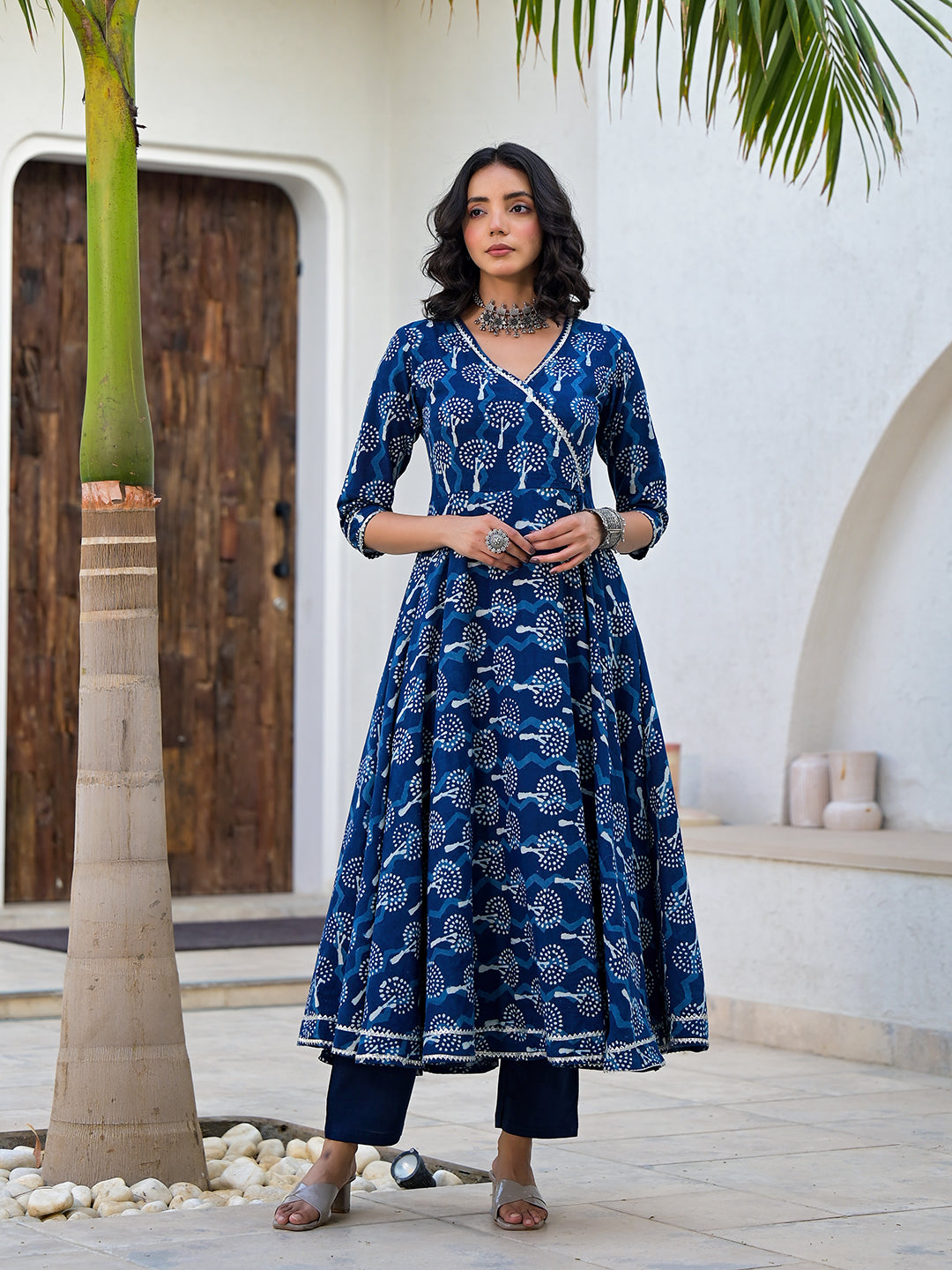 Indigo Blue HandBlock Print Cotton Anarkali Kurta Set with Organza Dupatta