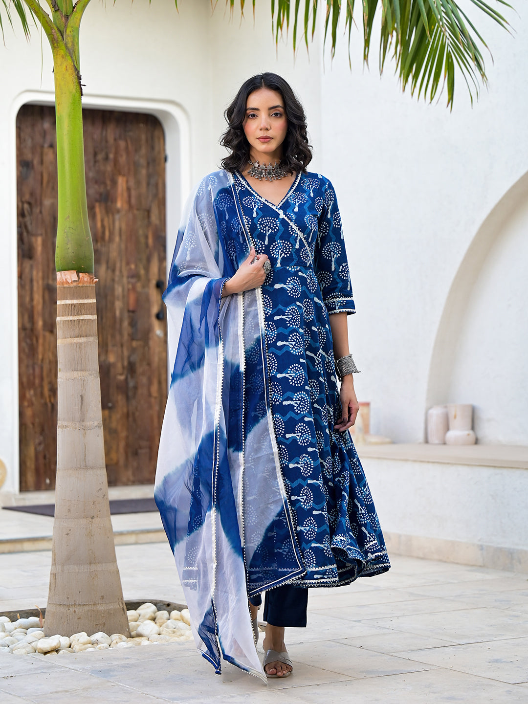 Indigo Blue HandBlock Print Cotton Anarkali Kurta Set with Organza Dupatta