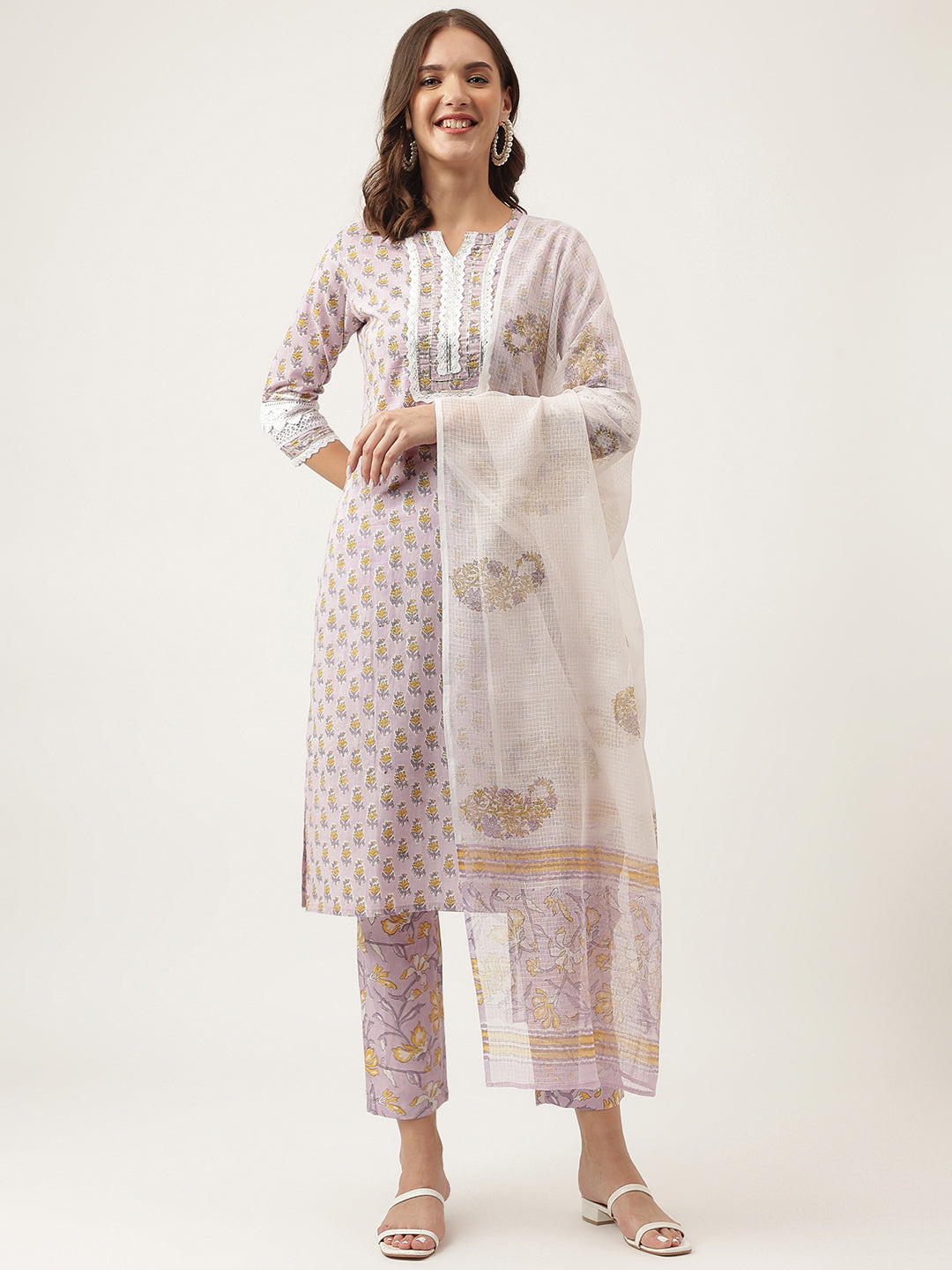 Lavender Hand Block Printed Cotton Kurta, Trouser with Kota Doria Dupatta Set