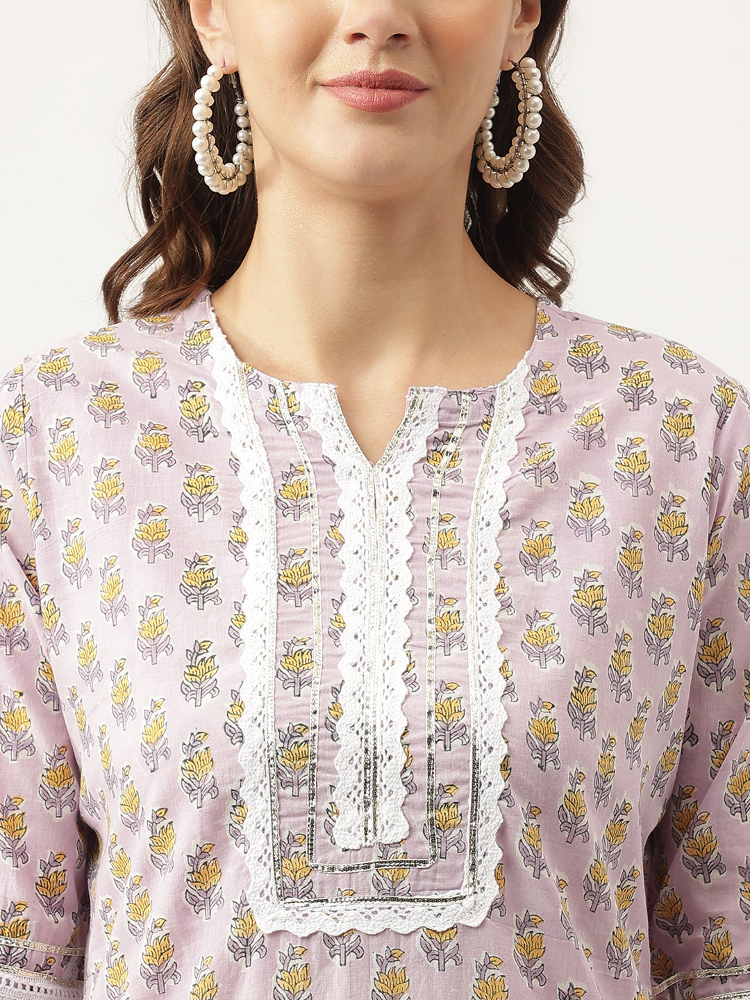 Lavender Hand Block Printed Cotton Kurta, Trouser with Kota Doria Dupatta Set