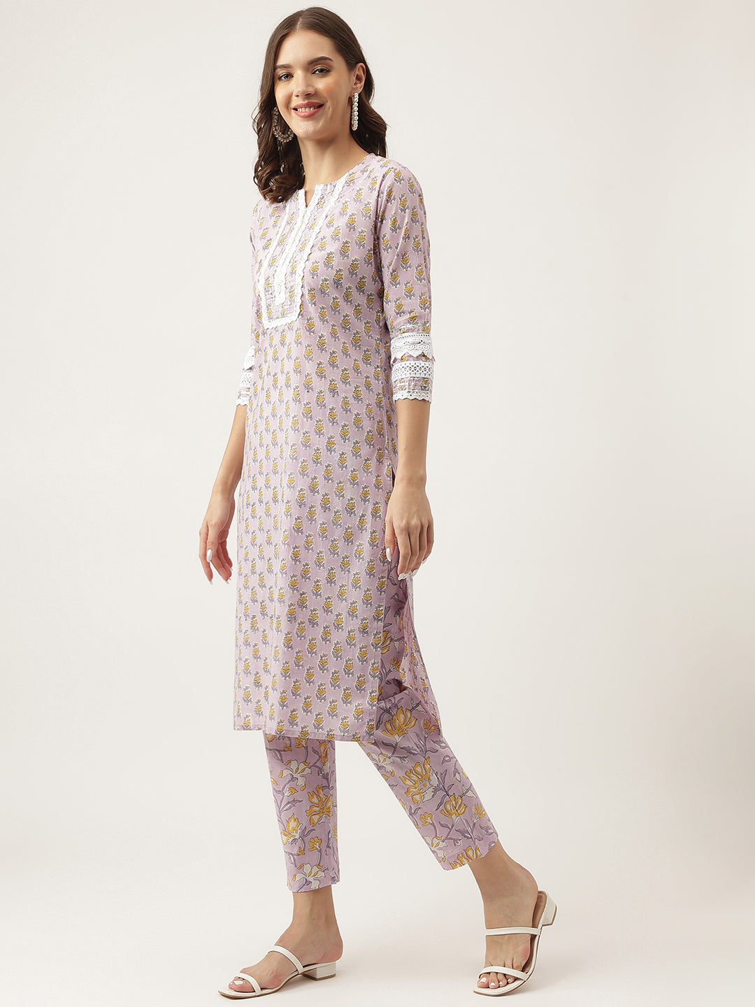 Lavender Hand Block Printed Cotton Kurta, Trouser with Kota Doria Dupatta Set