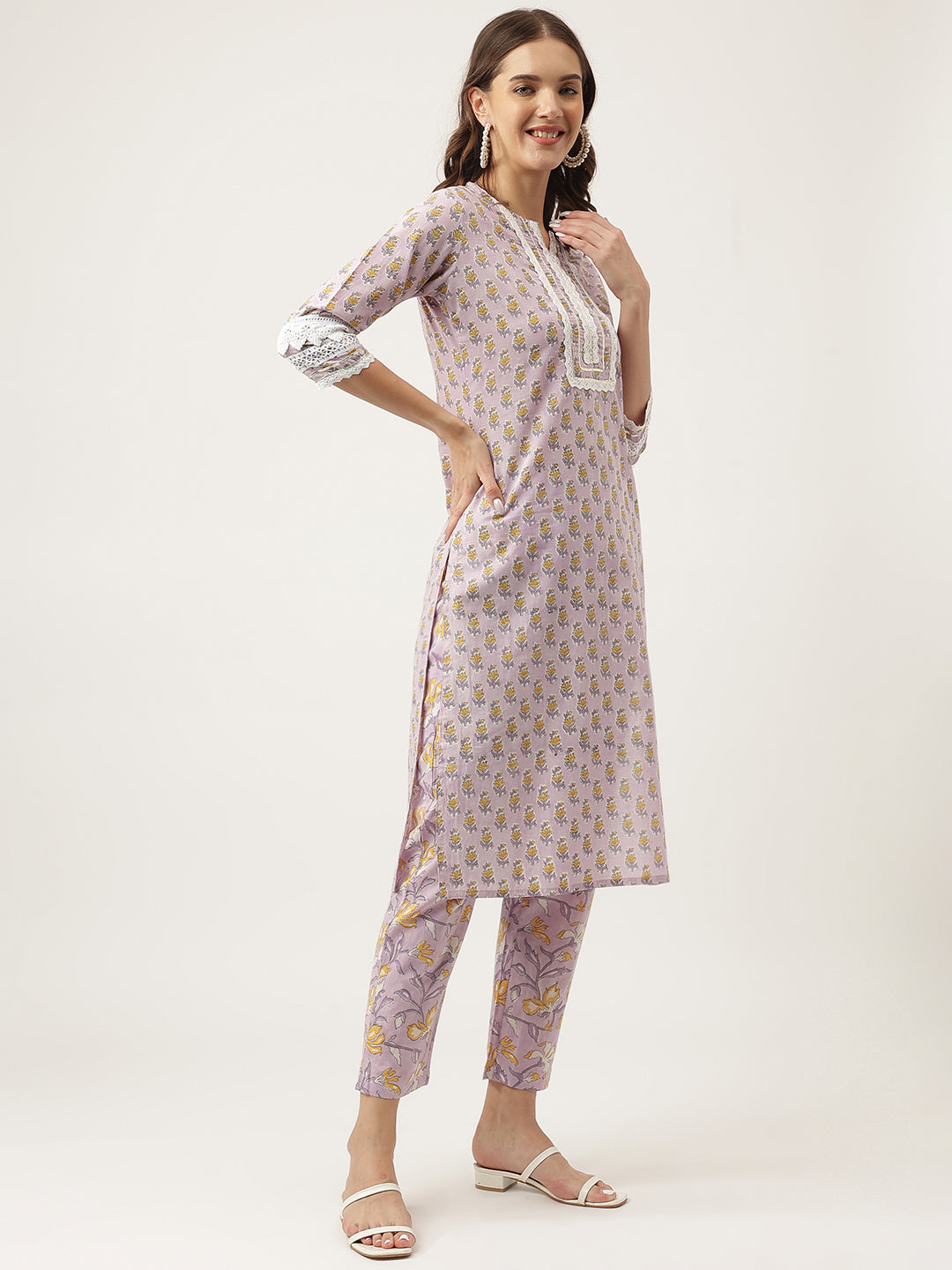 Lavender Hand Block Printed Cotton Kurta, Trouser with Kota Doria Dupatta Set