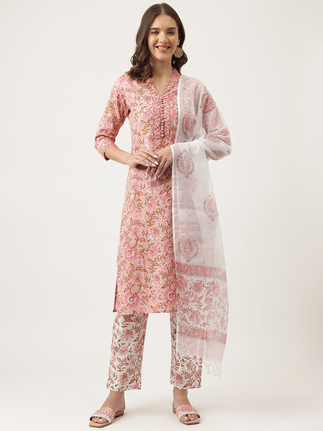 Pink hand block Floral Printed Cotton Kurta, trousers with Dupatta Set