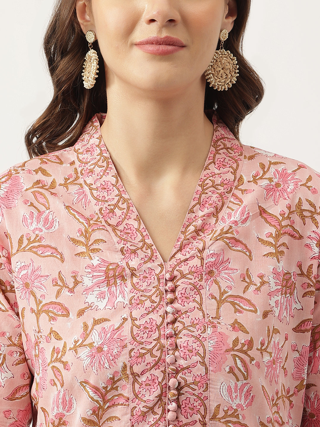 Pink hand block Floral Printed Cotton Kurta, trousers with Dupatta Set