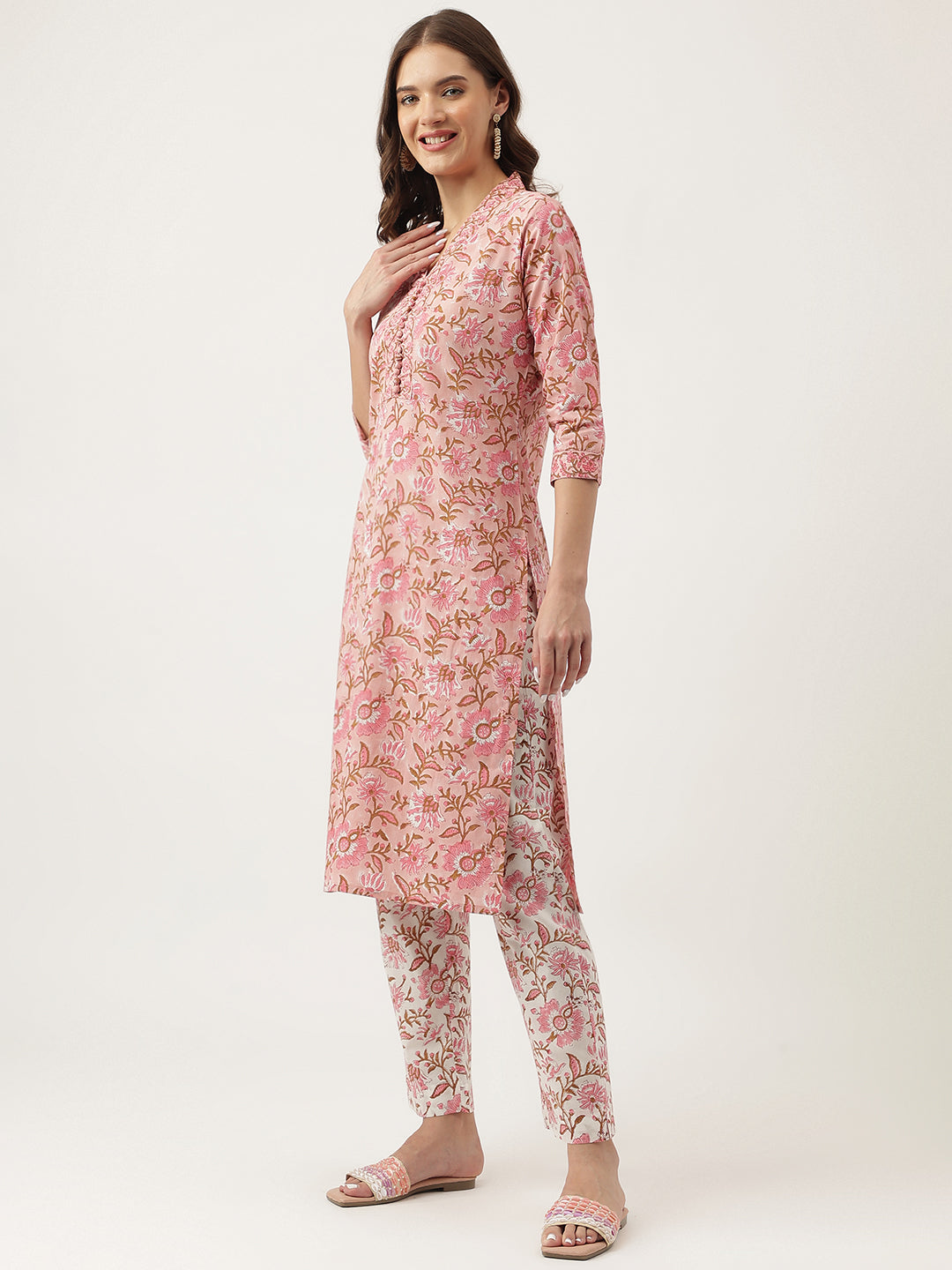 Pink hand block Floral Printed Cotton Kurta, trousers with Dupatta Set