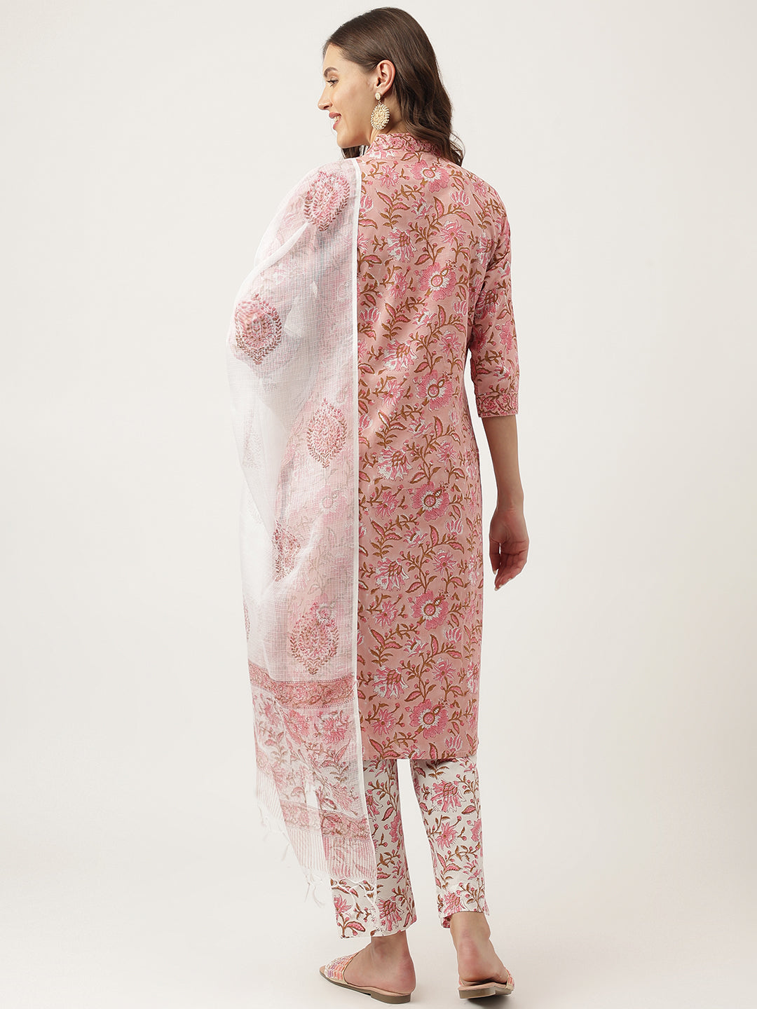 Pink hand block Floral Printed Cotton Kurta, trousers with Dupatta Set