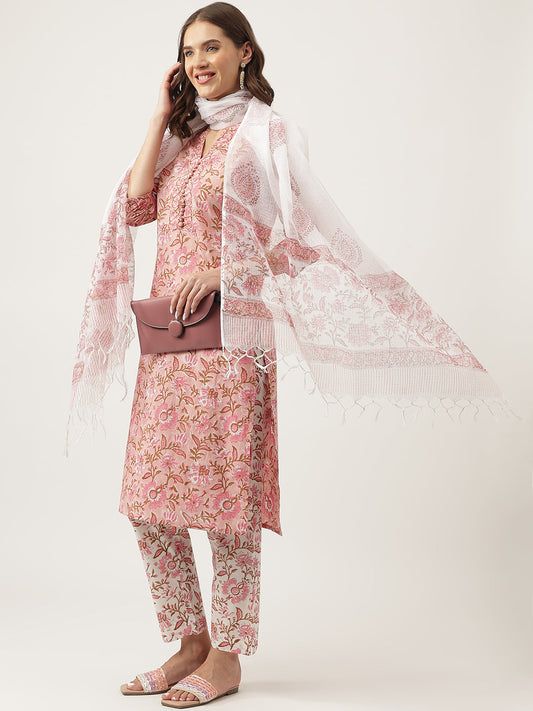 Pink hand block Floral Printed Cotton Kurta, trousers with Dupatta Set