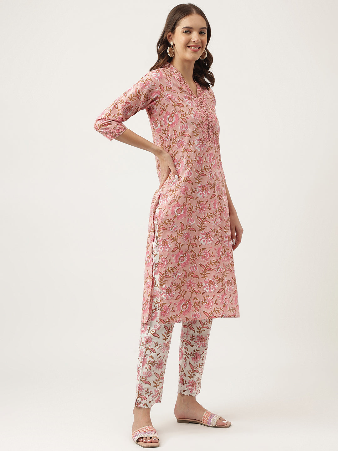 Pink hand block Floral Printed Cotton Kurta, trousers with Dupatta Set