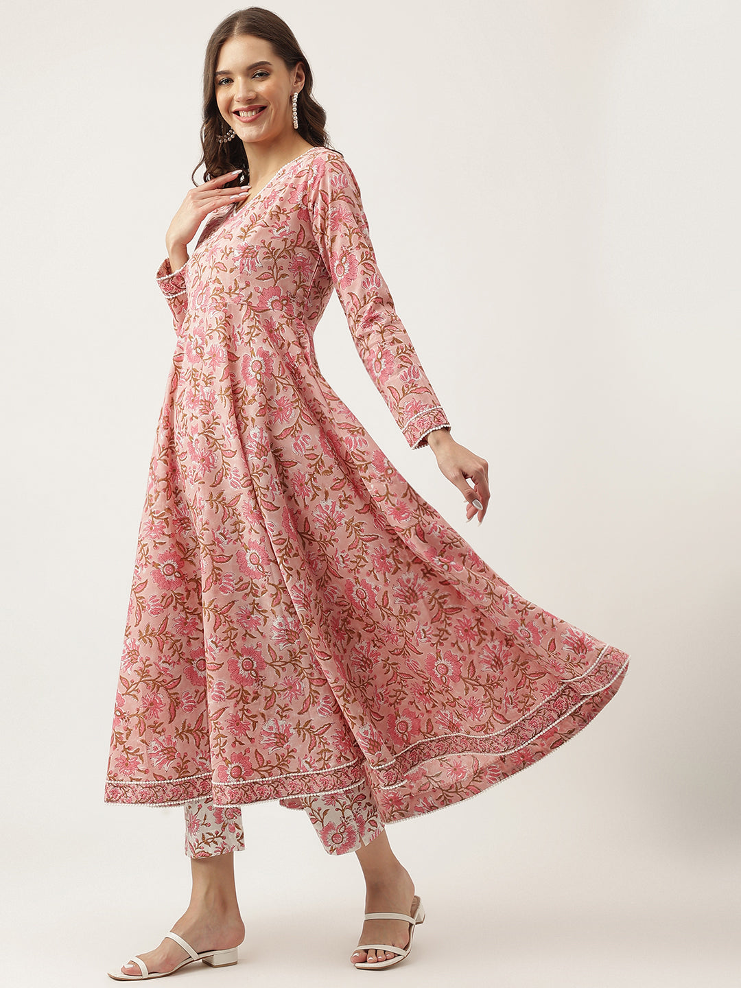 Pink Floral HandBlock Printed Cotton Anarkali Kurta, trouser with Dupatta Set