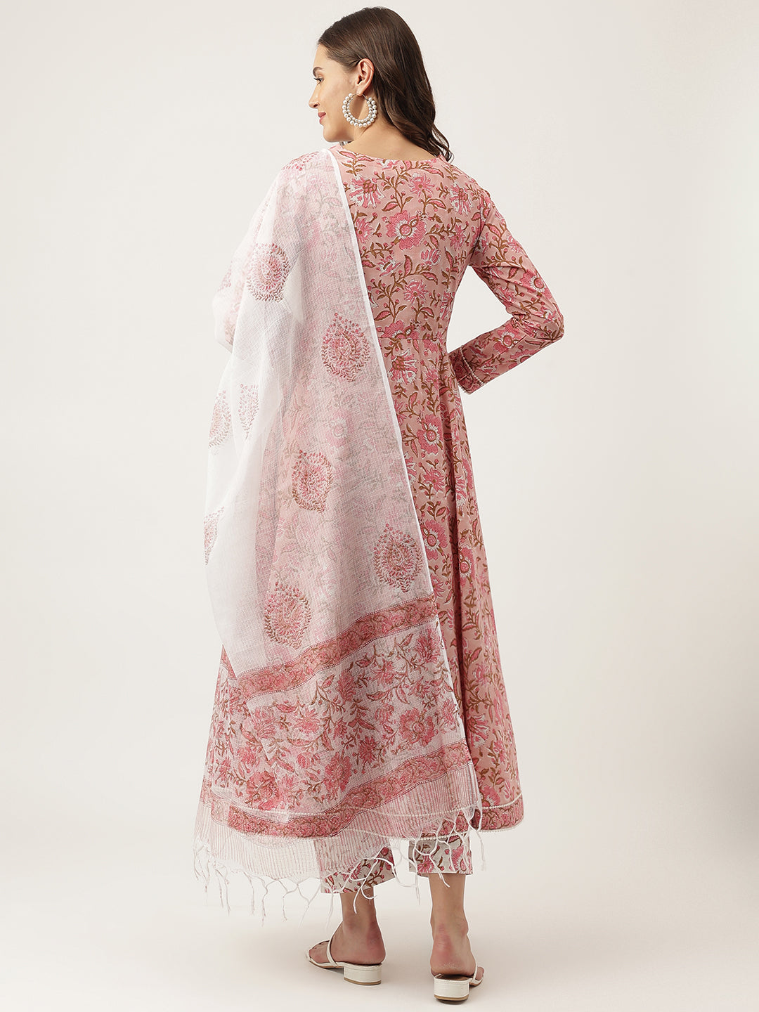 Pink Floral HandBlock Printed Cotton Anarkali Kurta, trouser with Dupatta Set