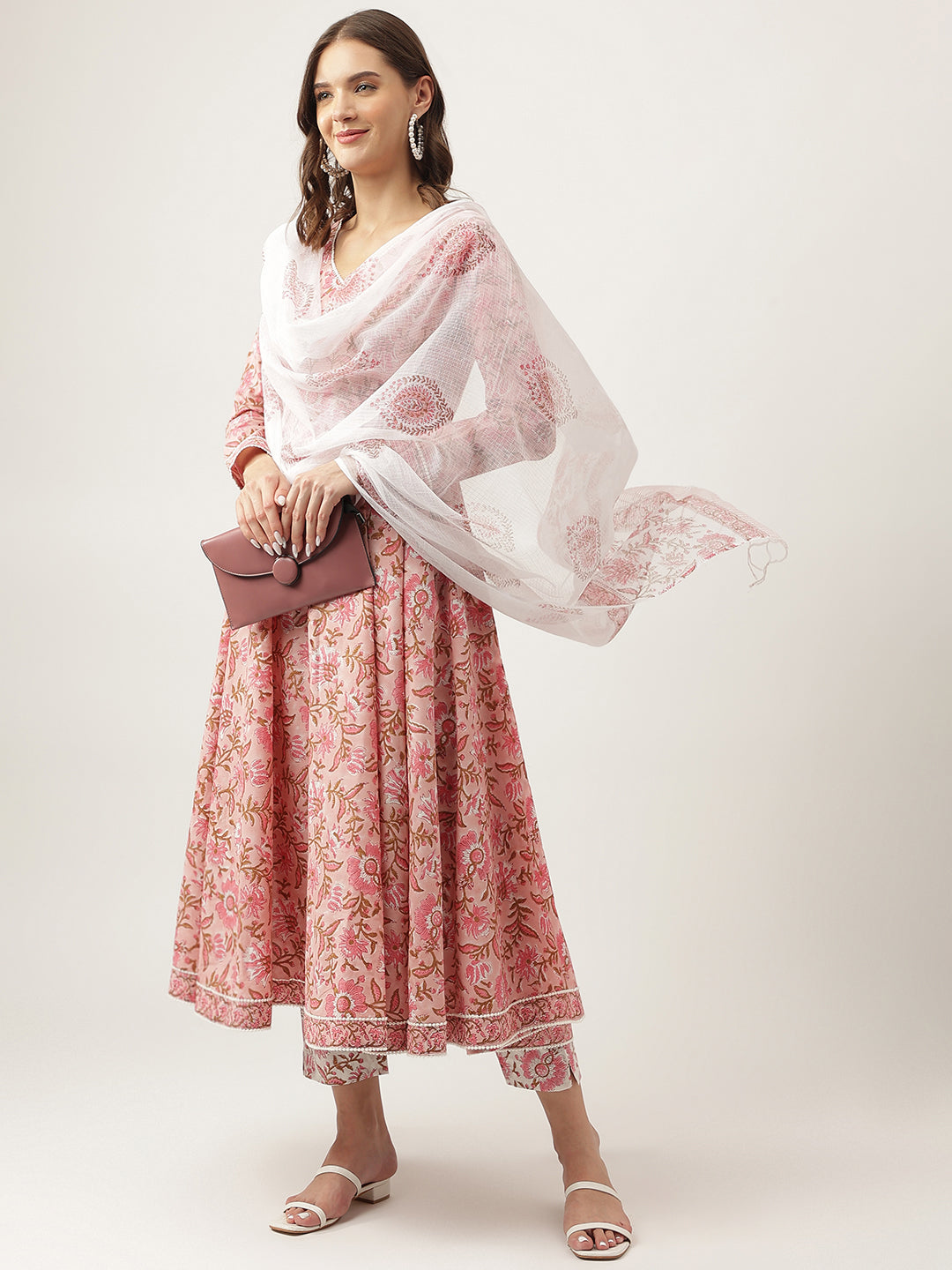 Pink Floral HandBlock Printed Cotton Anarkali Kurta, trouser with Dupatta Set