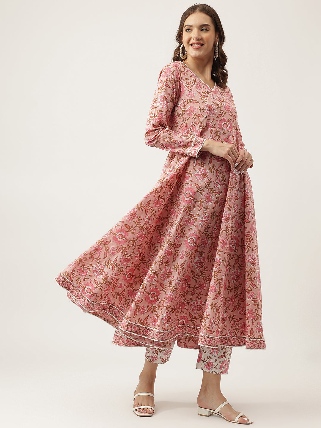 Pink Floral HandBlock Printed Cotton Anarkali Kurta, trouser with Dupatta Set