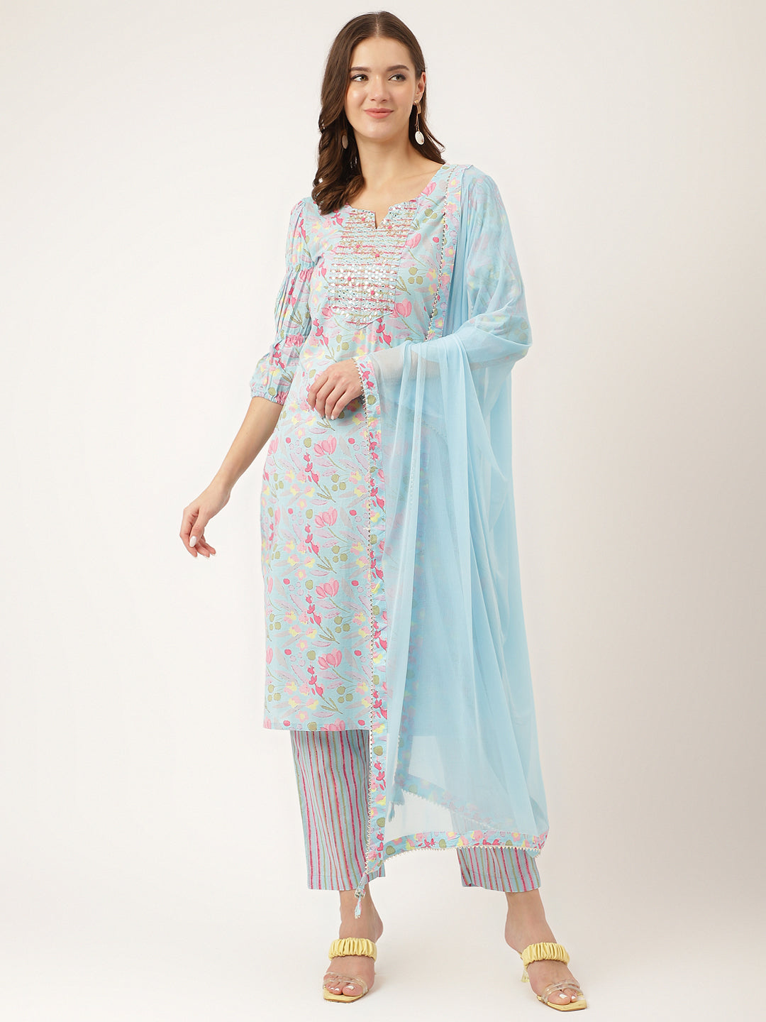 Blue Floral Print Cotton  Kurta, Trouser With Dupatta